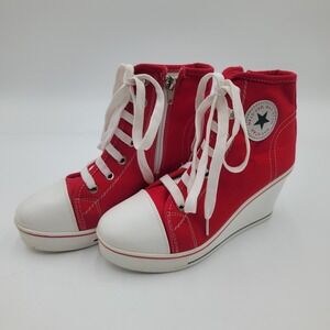 Max Star Red Canvas High Top Wedge Sneakers Side Zip Platform Shoes Women 36